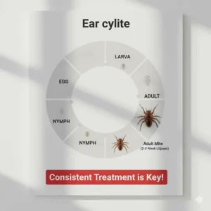 Infographic depicting the ear mite life cycle (egg, larva, nymph, adult) to emphasize the need for consistent treatment.