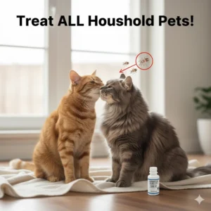 Illustration showing two cats in close contact with an alert about treating all household pets simultaneously with ear mite medicine for cats.