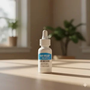 Close-up of a small bottle of over the counter ear mite drops for cats.