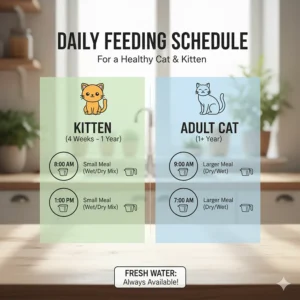 A simple graphic illustrating a recommended daily feeding schedule for both a mature cat and a young kitten.