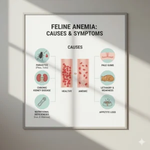 Flowchart or graphic explaining the common causes of feline anemia, which often requires iron support.