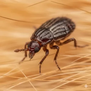 An illustration of a flea, the common intermediate host requiring the use of Droncit for cats if ingested.