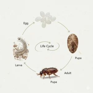 Diagram showing the four stages of the flea life cycle, which cat shampoo and treatments break.