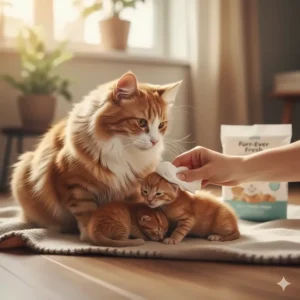 Mother cat watching as a pet owner cleans her small kitten with extra gentle wipes.
