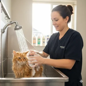 Professional groomer demonstrating the correct technique for using flea shampoo for cats to ensure full coverage.