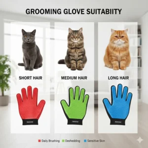 Chart showing the best type of grooming gloves for cats with short, medium, and long hair coats.