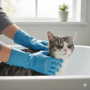 Hands wearing waterproof grooming gloves while bathing a cat in a tub, showing the wet use feature.