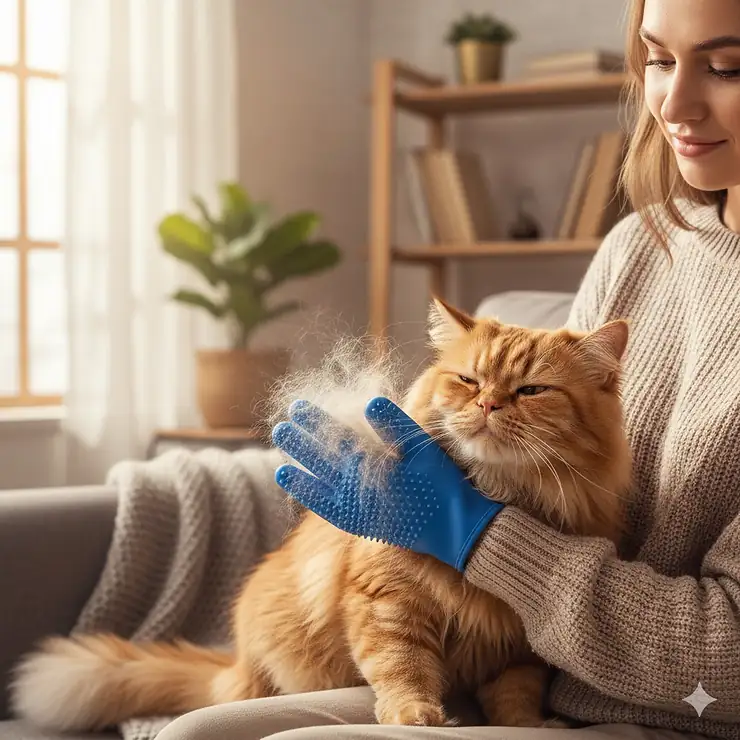 Cat owner gently brushing a long-haired ginger cat with blue grooming gloves to remove loose fur.