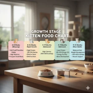 An infographic chart detailing the protein and calorie needs for a growing kitten food diet from 4 weeks to 1 year.