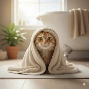 A contented, clean cat wrapped in a towel after a soothing bath with flea shampoo.