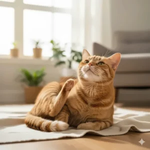 Illustration of a relaxed, healthy cat happily scratching its head, signifying relief after successful ear mite medicine treatment.