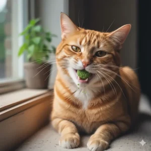 Illustration of a smiling orange tabby cat happily munching on one of the cat treats with catnip.