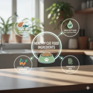 A diagram highlighting key healthy cat food ingredients like real meat, Omega fatty acids, and essential vitamins.