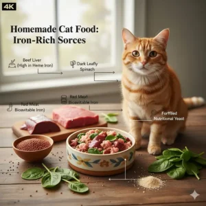 A graphic showing ingredients high in iron that can be added to a balanced homemade cat diet.