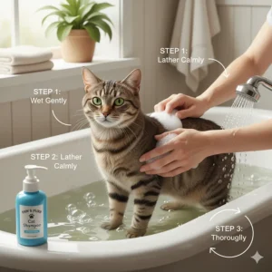 An illustration showing the proper technique for how to bathe and shampoo a cat without stress.