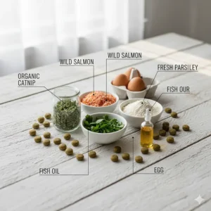 Graphic illustration detailing the wholesome, healthy ingredients used to make the cat treats with catnip.