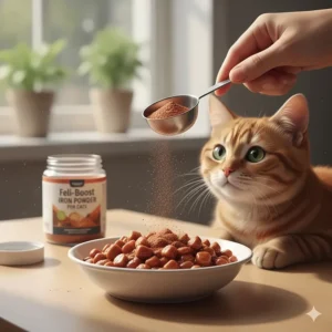 A scoop of iron supplement powder being sprinkled over a bowl of wet cat food.
