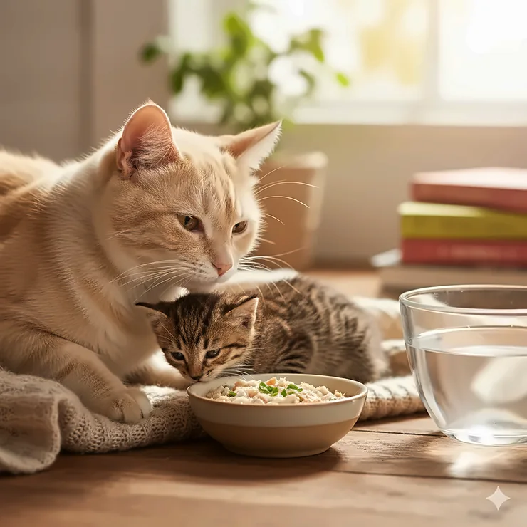 A mother cat with two kittens eating a small bowl of kitten food, suitable for nursing cats.