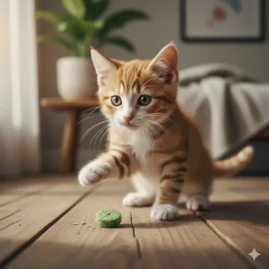 A cute small kitten batting a round catnip-infused treat across a wooden floor.