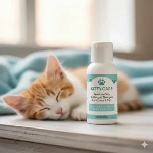 A small bottle of gentle ringworm shampoo suitable for kittens or cats with sensitive skin, emphasizing safety.