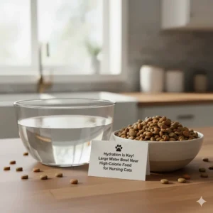 A large bowl of fresh water next to the kitten food recommended for nursing cats.