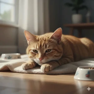 Illustration of a lethargic cat resting with pale gums, a common sign of iron deficiency or anemia.