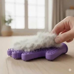A purple cat grooming glove covered with a layer of removed white and gray cat hair after a brushing session.
