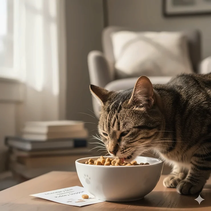 Low protein cat food specially formulated to provide kidney support for a senior cat eating from a white ceramic bowl.