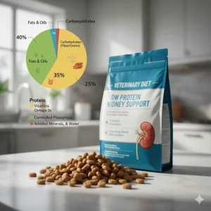 Pie chart illustrating the balanced macronutrient content in a high-quality, high-calorie low protein cat food for nutritional adequacy.