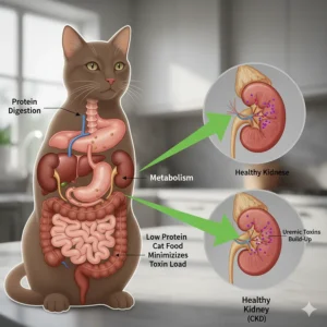 Diagram of a cat's digestive system showing how restricted protein intake in low protein cat food helps minimize the build-up of uremic toxins.