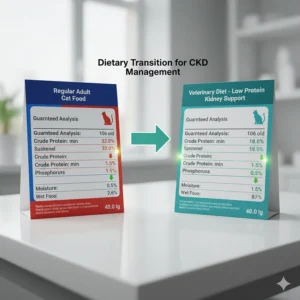 Comparison chart of a regular diet and a low protein cat food label, highlighting reduced crude protein and phosphorus levels.