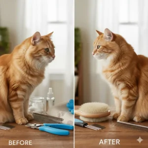 Before-and-after illustration demonstrating the results of using a quality cat grooming kit on matted fur.