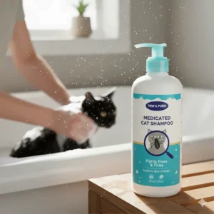A bottle of medicated anti-flea cat shampoo, designed to safely treat pests and skin irritations.