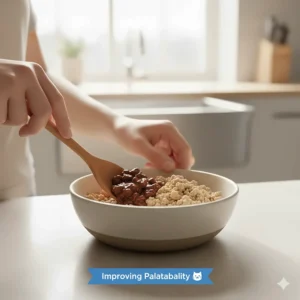 Hand mixing a small amount of regular cat food with the therapeutic renal diet to improve palatability.