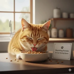 Happy mother cat feeding on high-quality kitten formula to support her nursing.