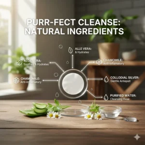 Infographic highlighting the natural, soothing ingredients in the cat eye wipes formula.