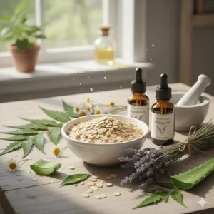 Illustration of natural, soothing ingredients like oatmeal and essential oils found in premium flea shampoo for cats.