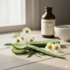 Graphic illustration highlighting natural, soothing ingredients in the cat ear wipes, such as aloe and witch hazel.