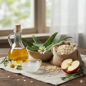 A collection of natural ingredients often used in home remedies for cat mange treatment, like olive oil and apple cider vinegar.