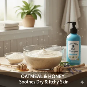 Close-up of cat shampoo ingredients, emphasizing oatmeal for soothing dry and itchy feline skin.
