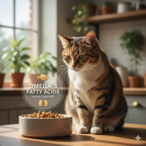 Graphic showing a cat food bowl with a callout highlighting the importance of Omega-3 fatty acids for cat kidney support.