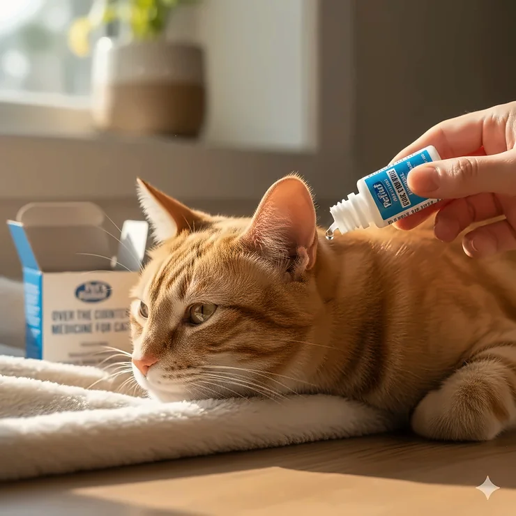 Over the counter ear mite medicine for cats being applied to an adult cat's ear.