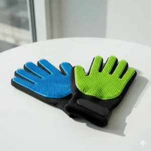 A pair of new, black and blue pet grooming gloves displayed on a clean white surface.