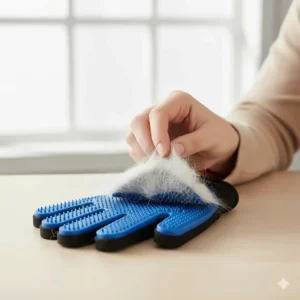 A hand peeling off a sheet of collected cat hair from the silicone surface of a grooming glove for easy disposal.