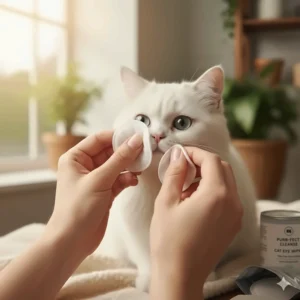 A Persian cat, a breed prone to tear staining, receiving a gentle cleaning with cat eye wipes.