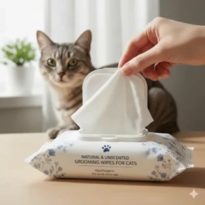 Package of natural, unscented pet grooming wipes for cats for quick cleanups.