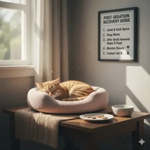 A graphic showing the appropriate environment and care for a cat recovering after receiving a cat sedative, emphasizing quiet and warmth.