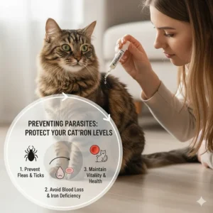 A cat being given a flea and tick preventative, emphasizing parasite prevention to avoid blood loss and subsequent iron issues.