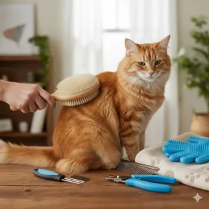 Illustration showing the proper technique for brushing a cat with a soft bristle brush.