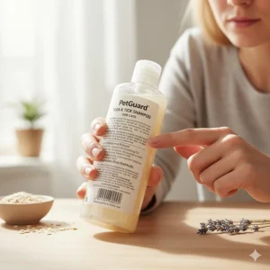 A person carefully reading the ingredient label on a bottle of non-toxic flea shampoo for cats.